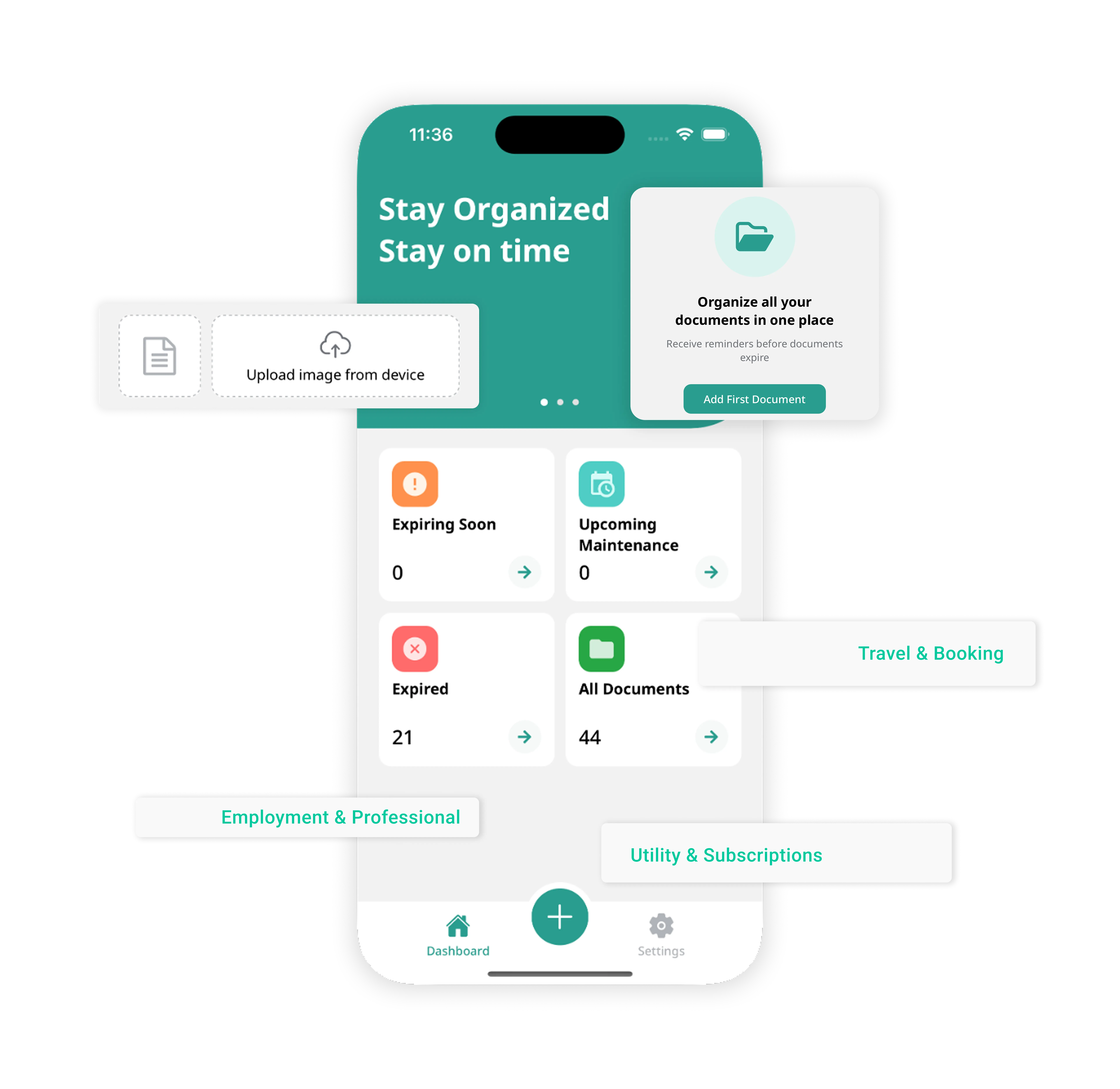 ExpiryTrack app interface showing organized document management